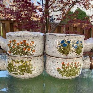 Vintage Set of 4 Takahashi Japanese Speckled Stoneware Soup Mugs w/Handles